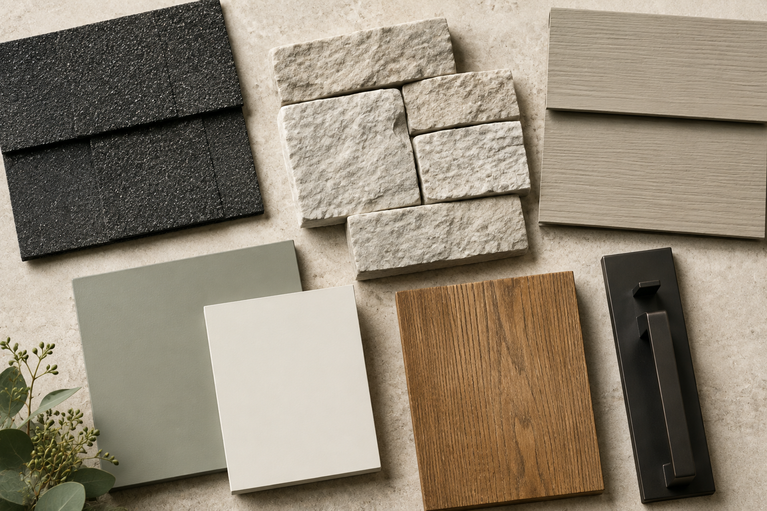 Coordinated exterior finish samples including roofing, stone, siding paint, trim, wood, and metal