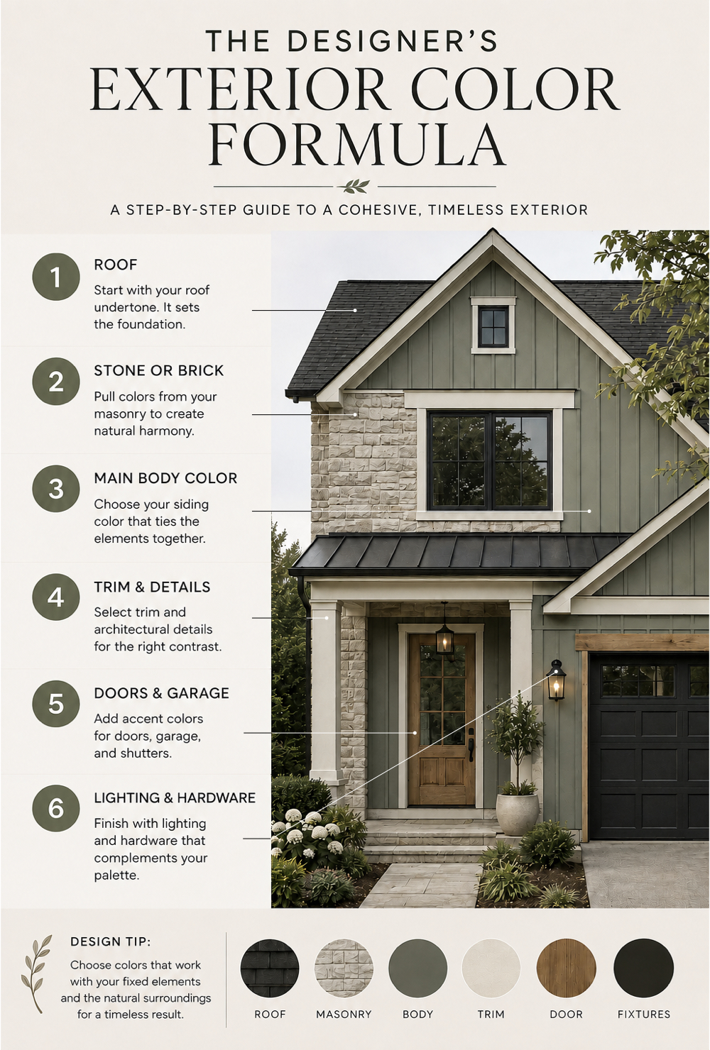 Designer exterior color formula showing the order for selecting roofing, masonry, siding, trim, doors, and exterior fixtures