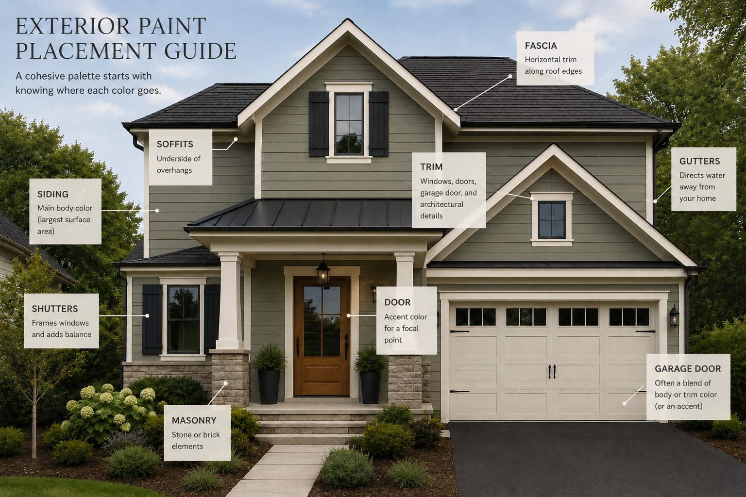 Exterior paint placement guide labeling siding, trim, fascia, soffits, door, garage, shutters, gutters, and masonry