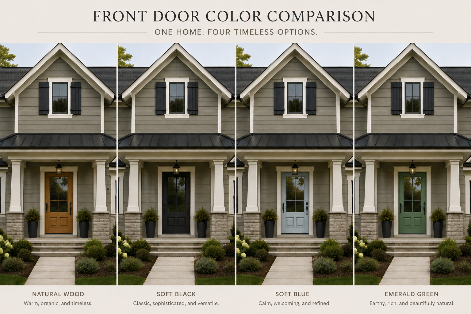 Comparison of natural wood, soft black, muted blue-gray, and bronze-green front doors on the same house