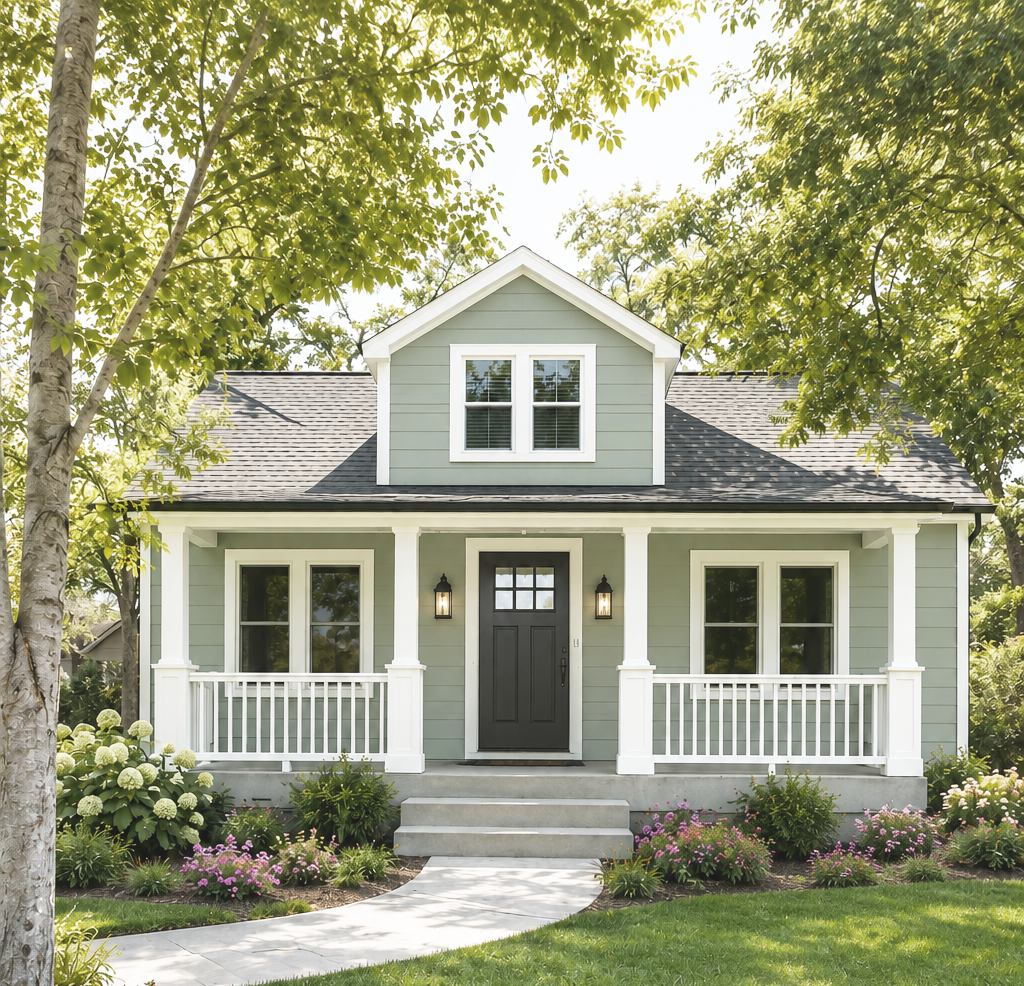 Muted green exterior palette with soft white trim, black accents, and warm natural wood