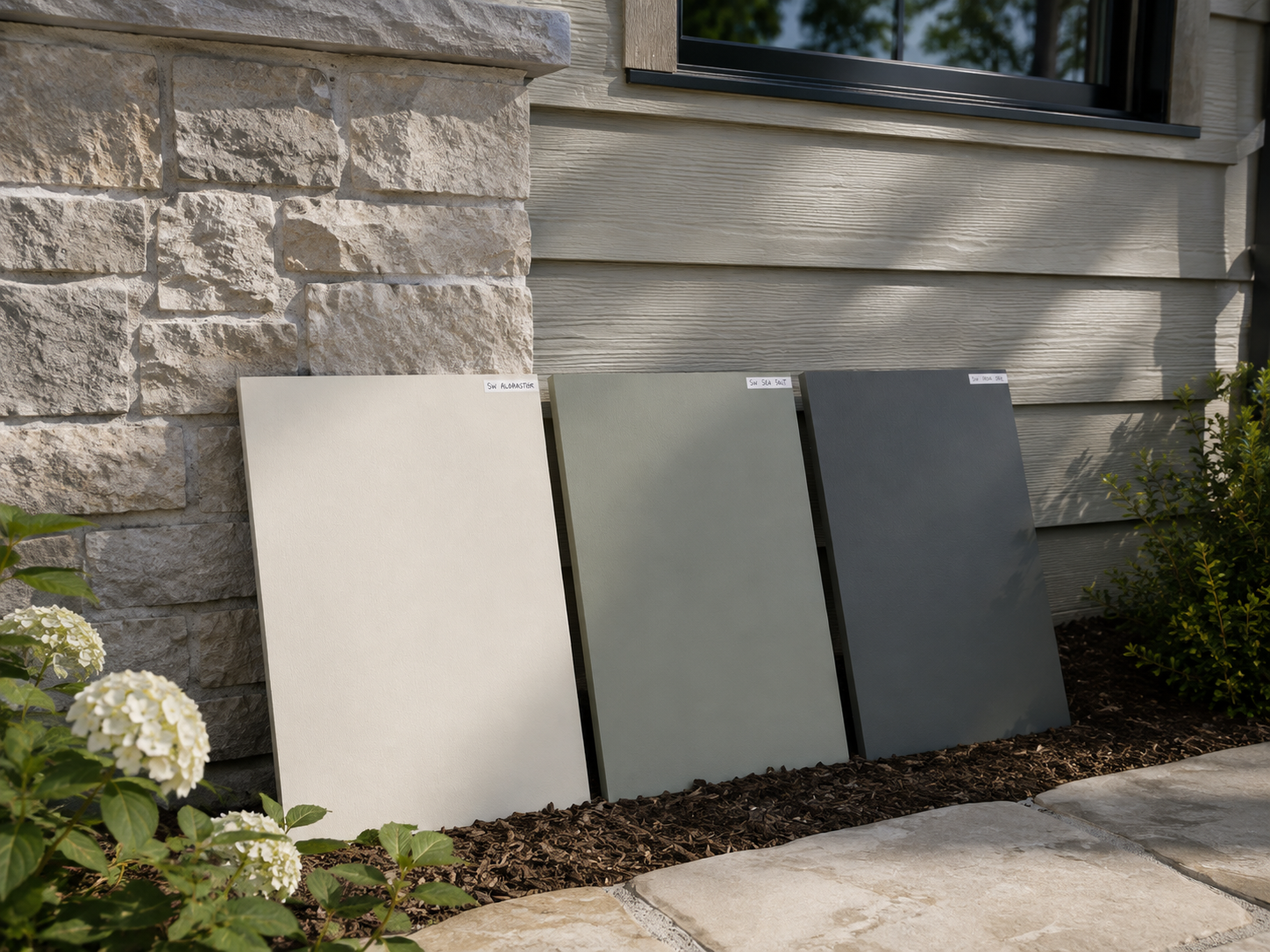 Large exterior paint samples tested beside the home's stone and siding in natural daylight